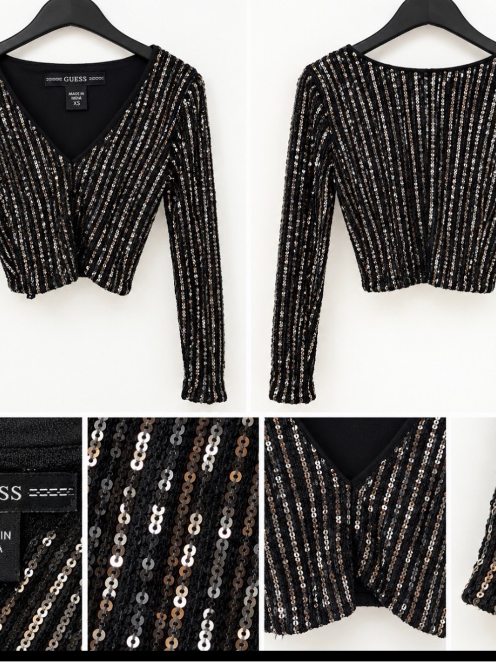 Guess Black Sequin Striped Cropped V-Neck Top